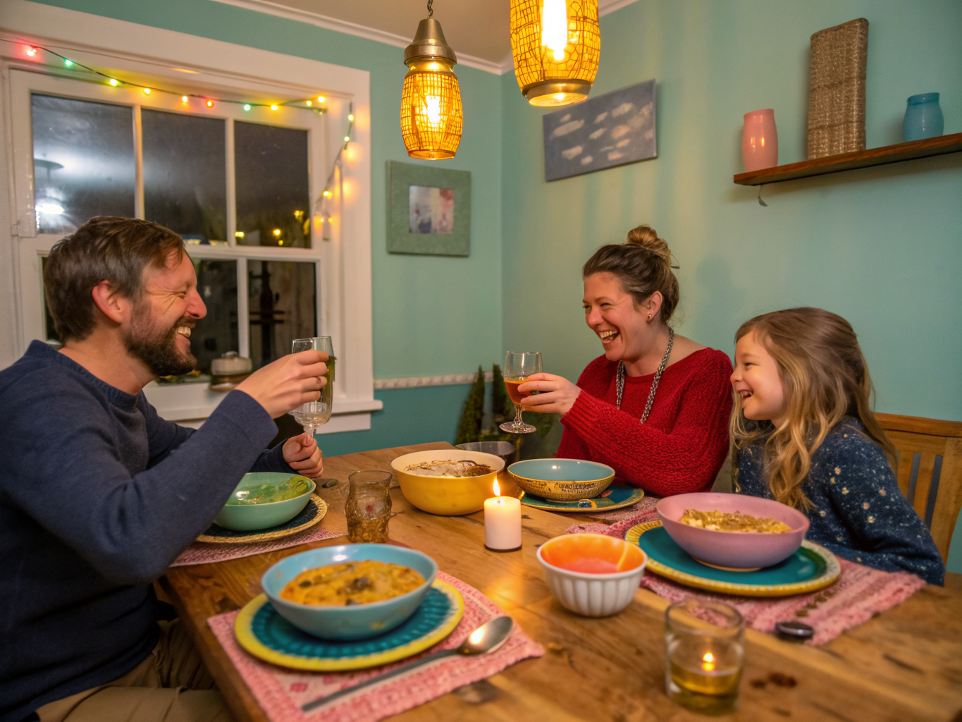 Group of parents and kids enjoying dinner together